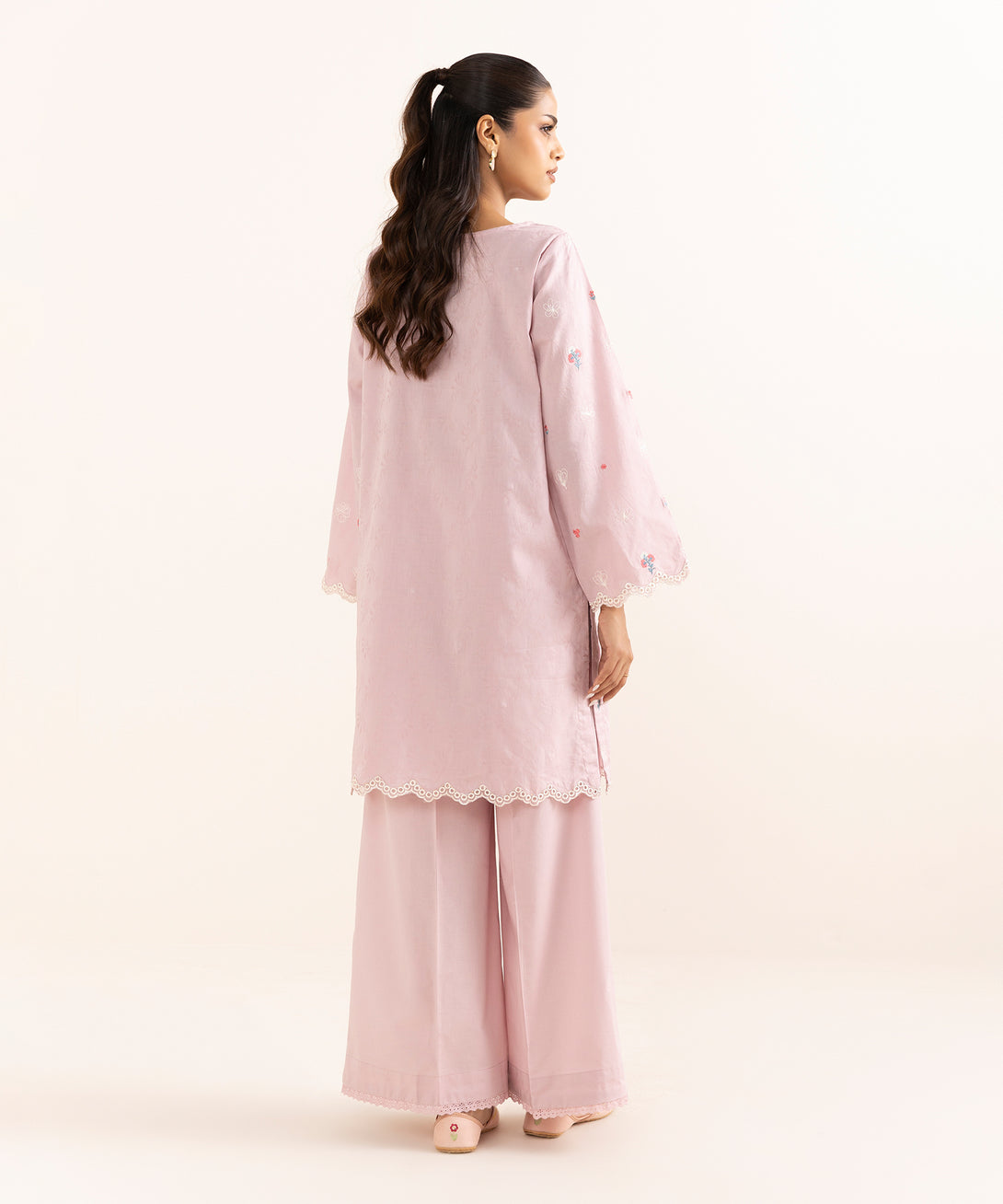 Women's RTW Cotton Jacquard Pink Embroidered A-Line Shirt