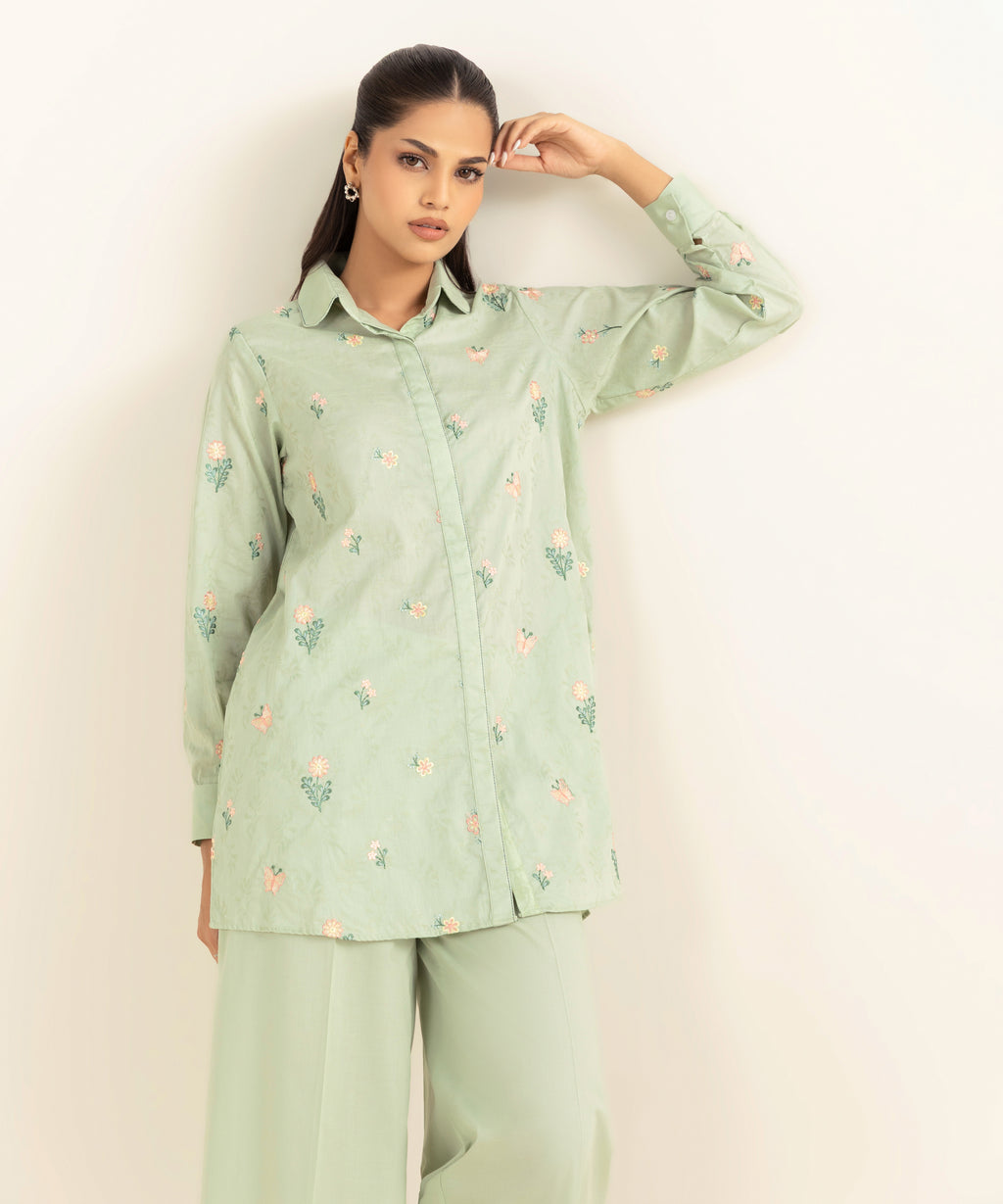 Women's RTW Cotton Jacquard Green Embroidered Button Down Shirt