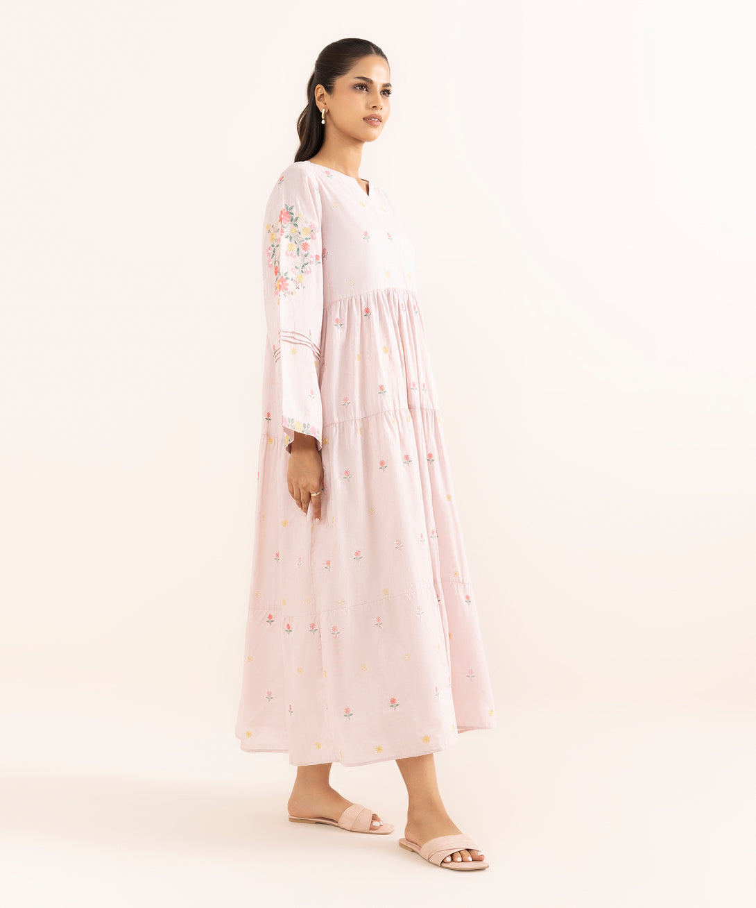 Women's RTW Cotton Jacquard Pink Embroidered Tier Dress