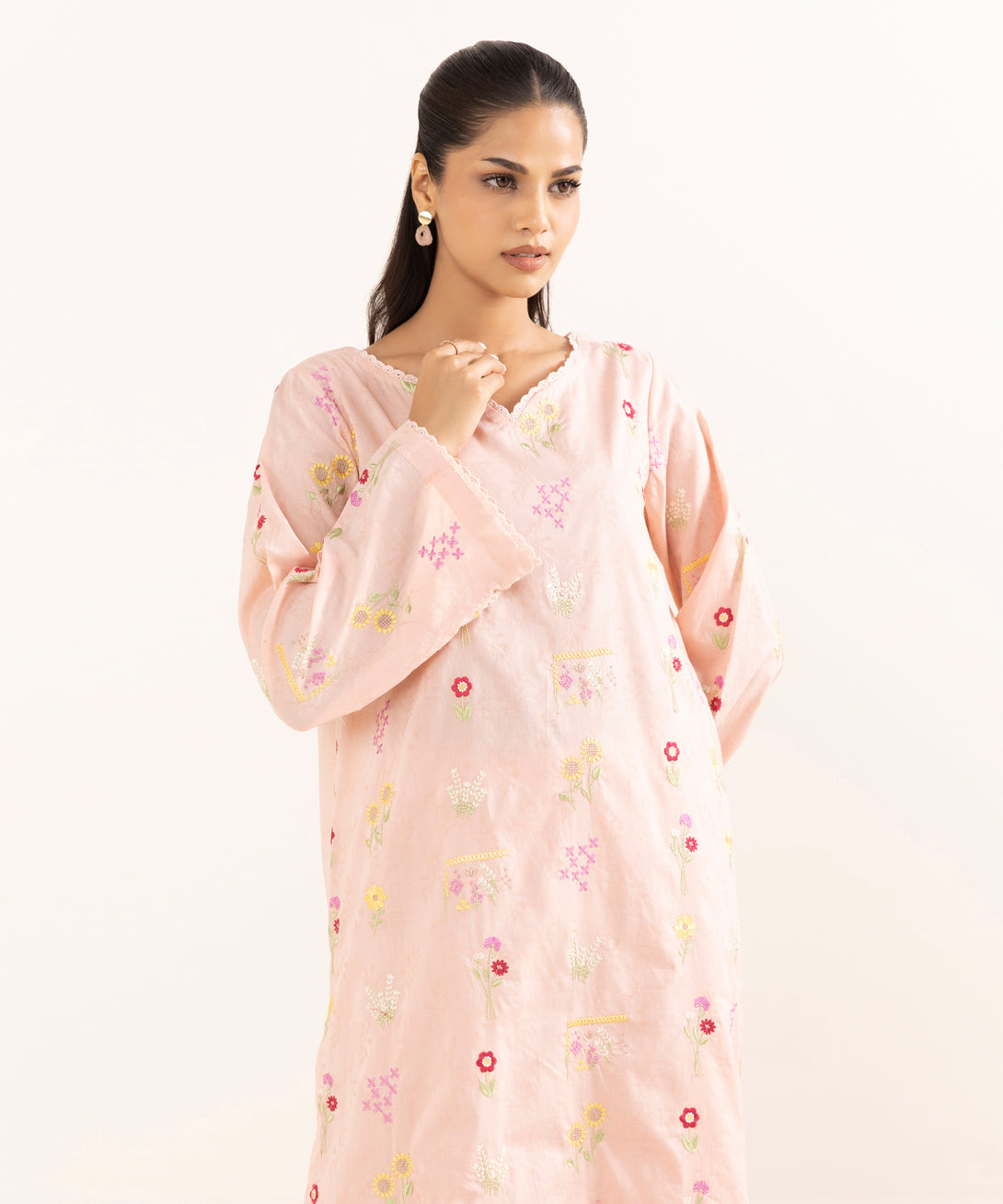 Women's RTW Cotton Jacquard Pink Embroidered A-Line Shirt