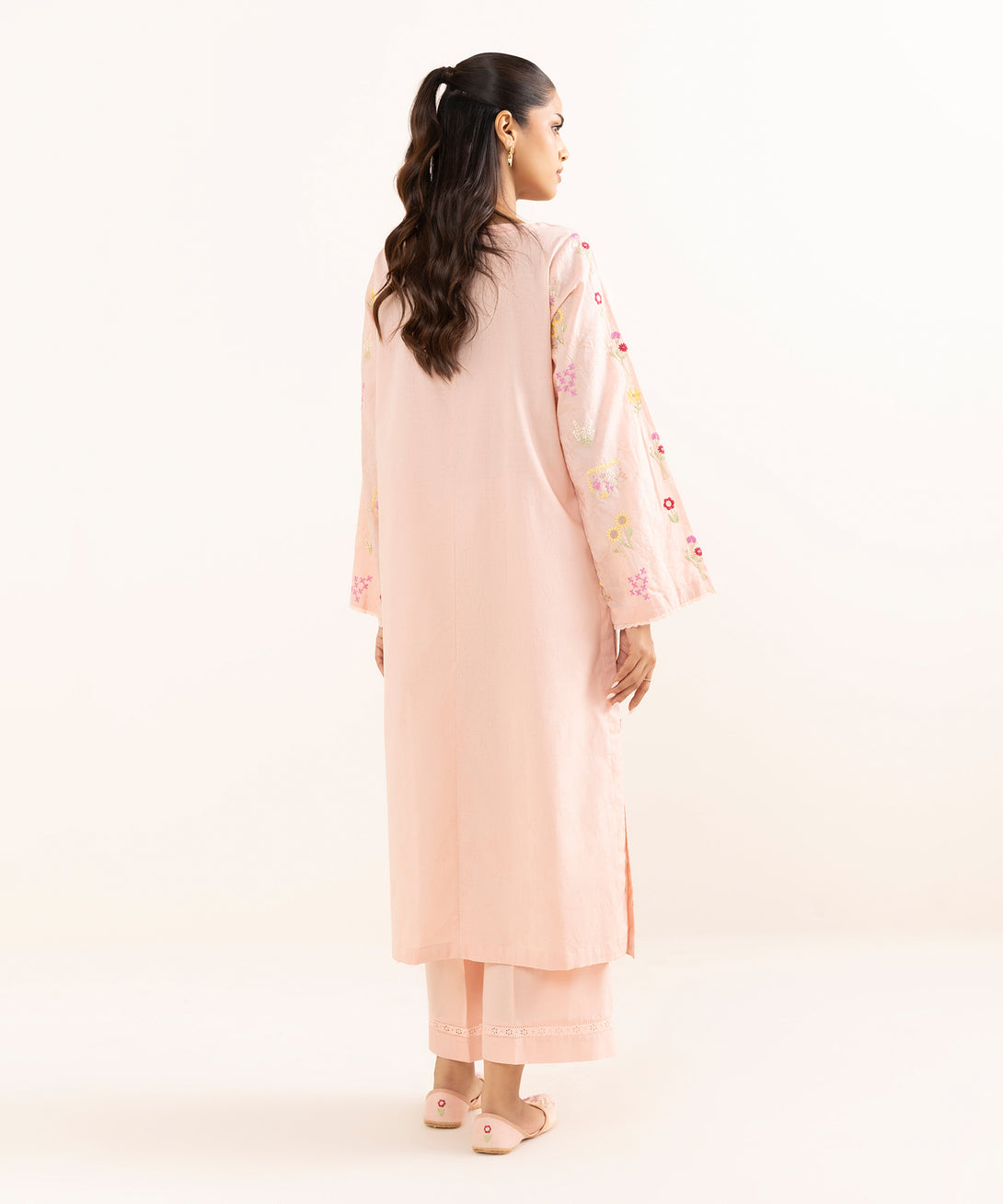 Women's RTW Cotton Jacquard Pink Embroidered A-Line Shirt
