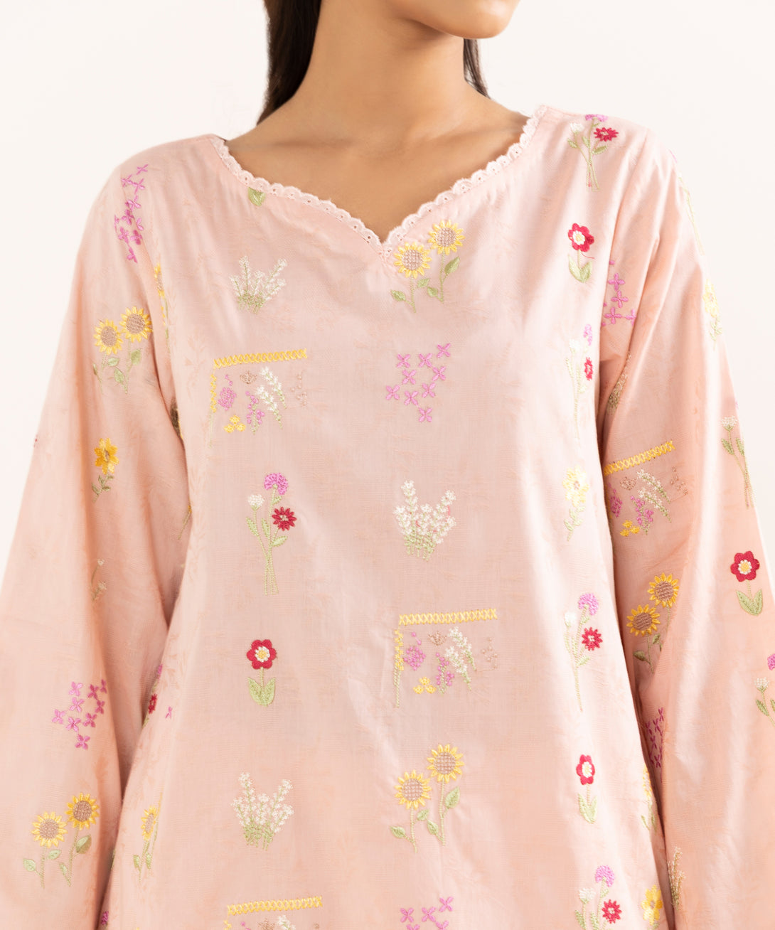 Women's RTW Cotton Jacquard Pink Embroidered A-Line Shirt