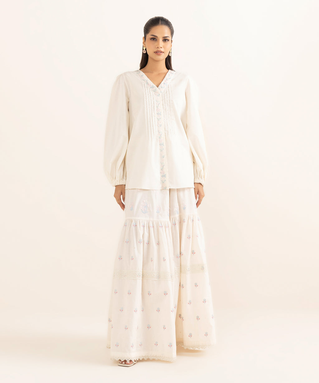 Women's RTW Cotton Jacquard Off White Embroidered  2 Piece Suit