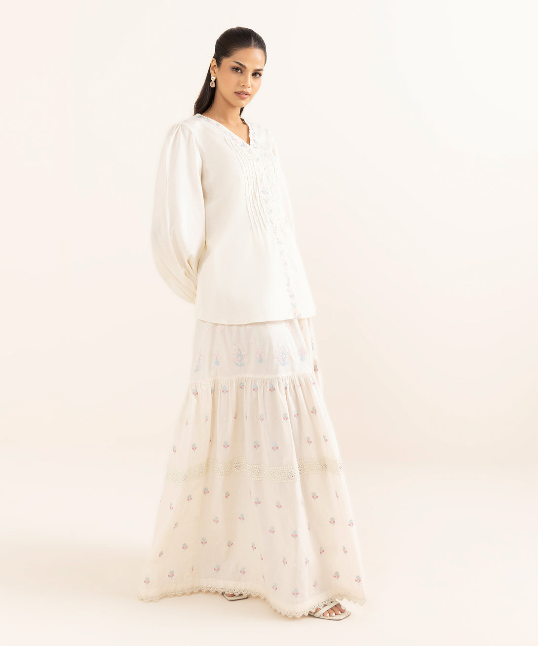 Women's RTW Cotton Jacquard Off White Embroidered  2 Piece Suit
