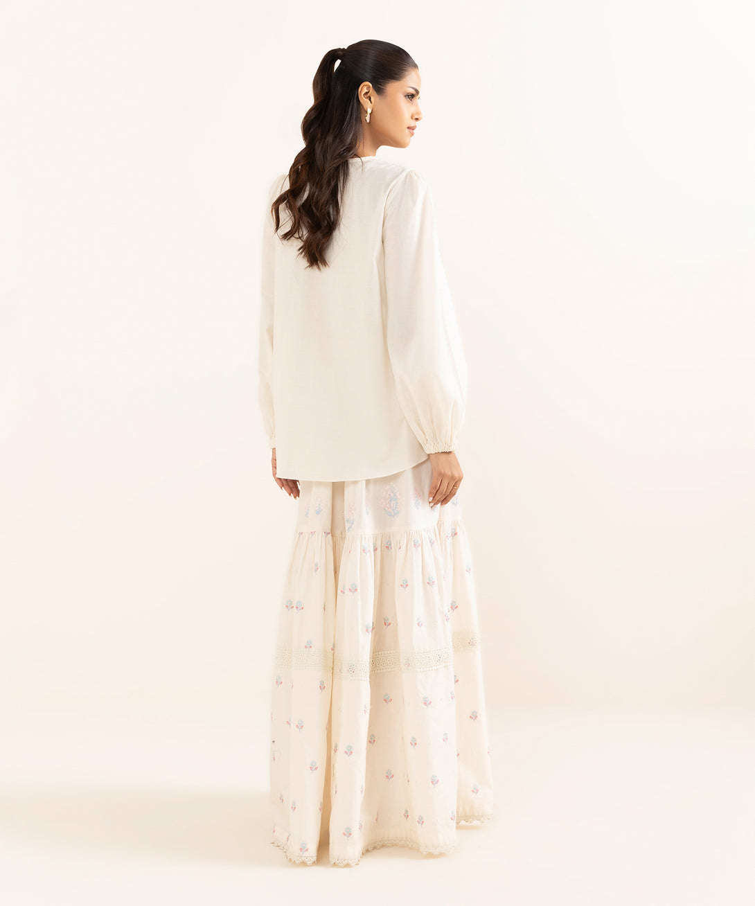 Women's RTW Cotton Jacquard Off White Embroidered  2 Piece Suit
