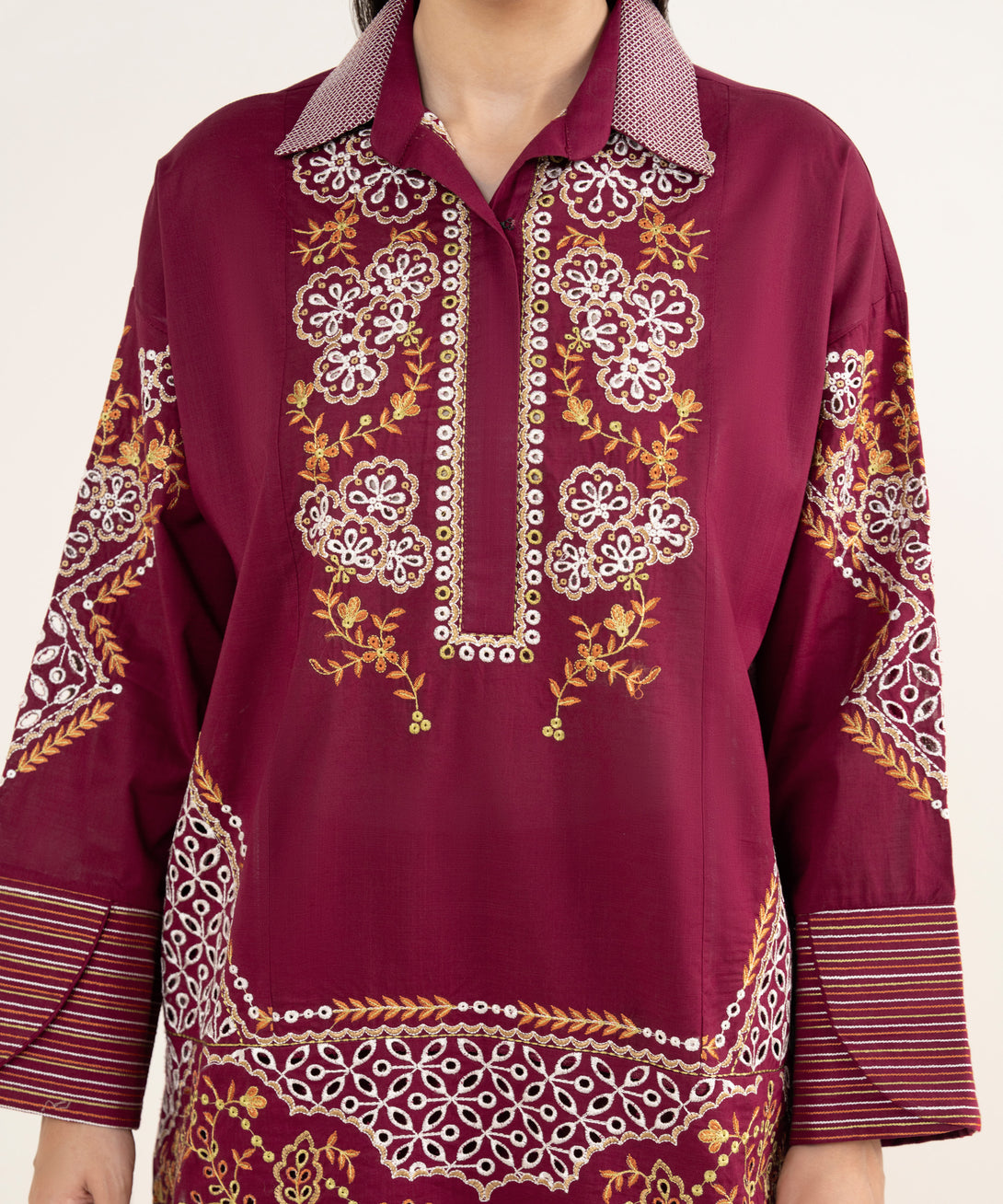 Women's RTW Cross Hatch Maroon Embroidered Boxy Shirt