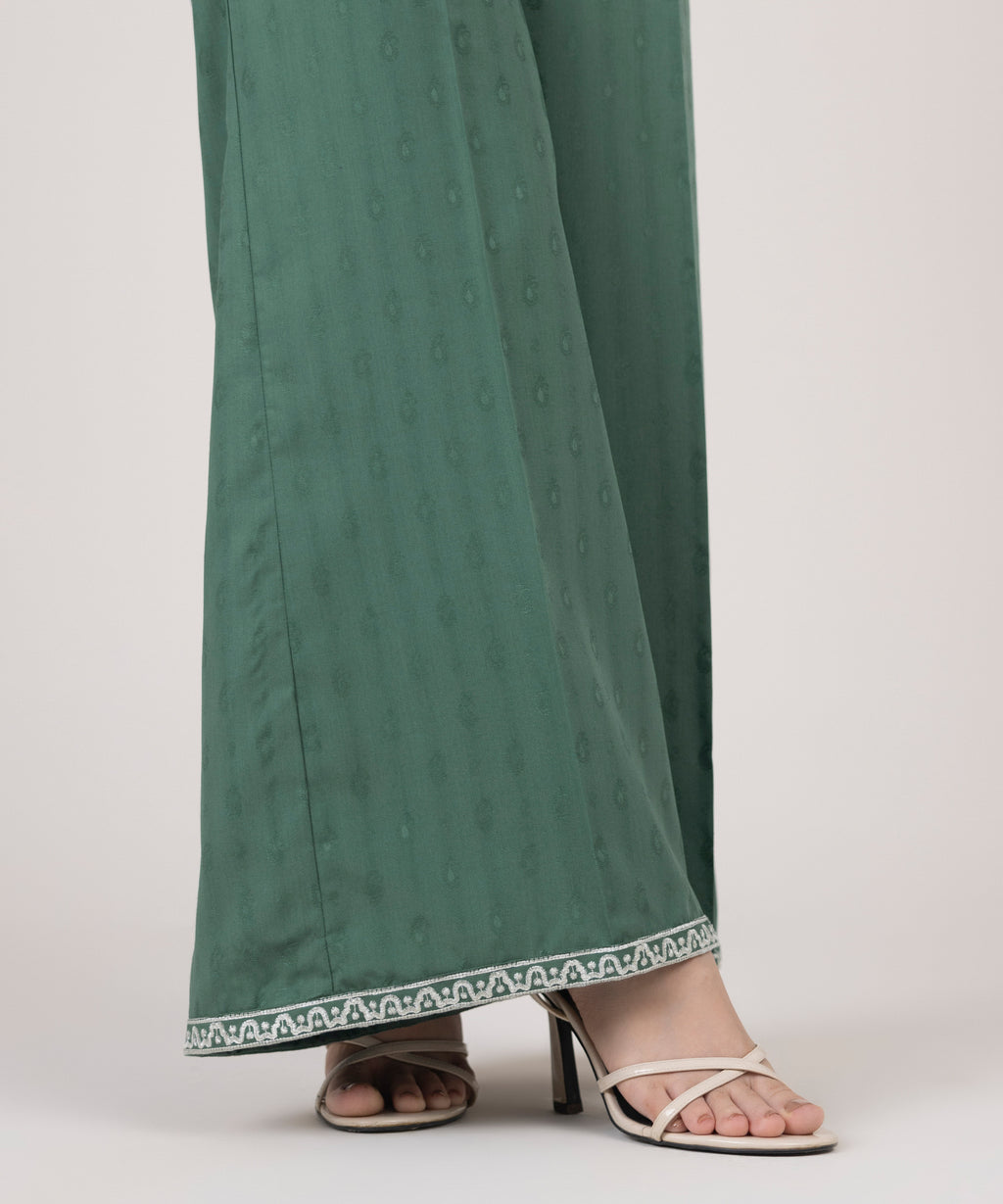 Women's RTW Cotton Jacquard Embroidered Green Flared Pants