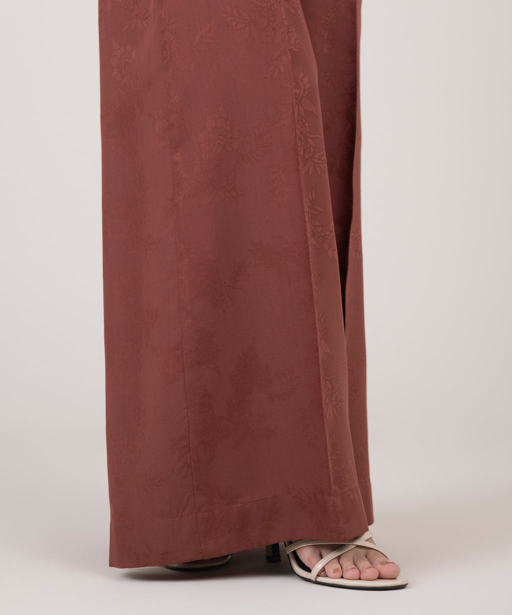 Women's RTW Cotton Jacquard Solid Red Flared Pants