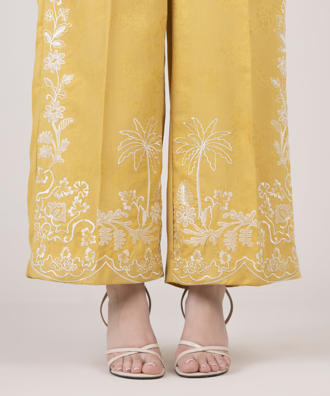 Women's RTW Cotton Jacquard Embroidered Yellow Culottes