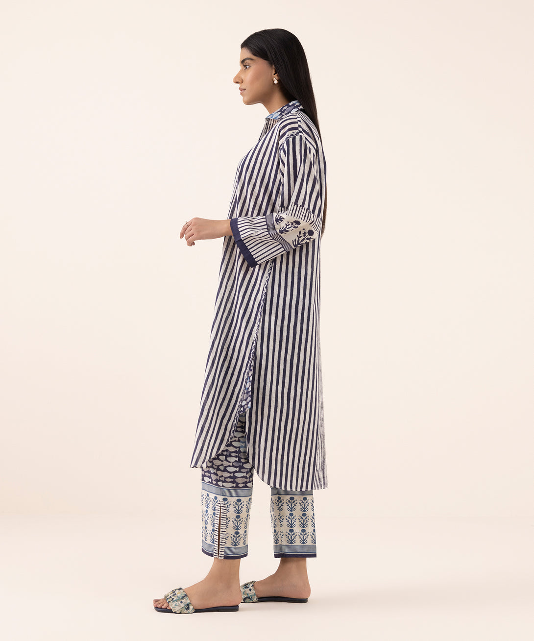 Women's RTW Lawn Blue Printed Drop Shoulder Shirt