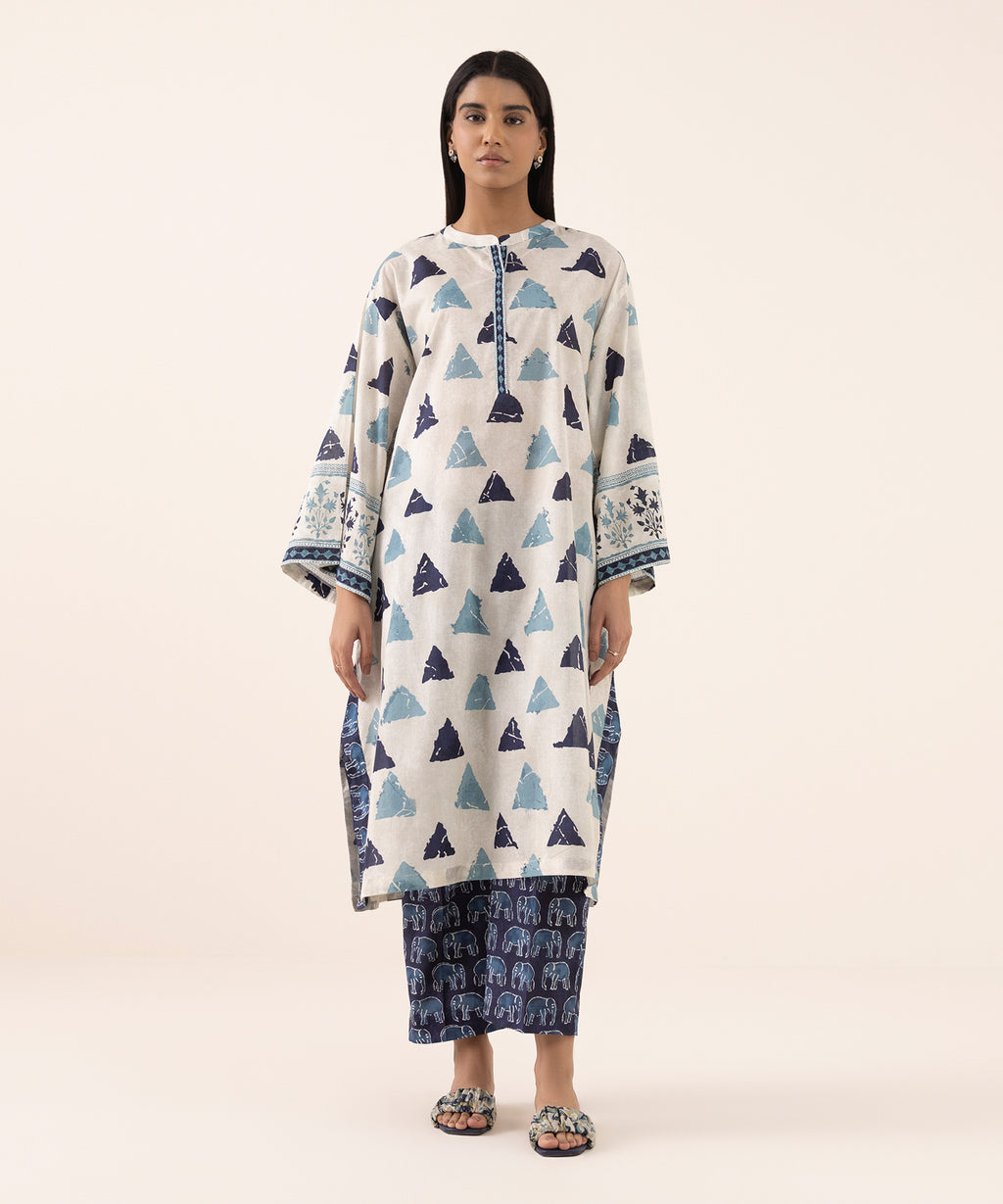 Women's RTW Lawn White Printed Drop Shoulder Shirt