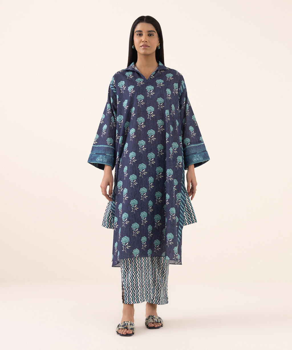 Women's RTW Lawn Blue Printed Drop Shoulder Shirt