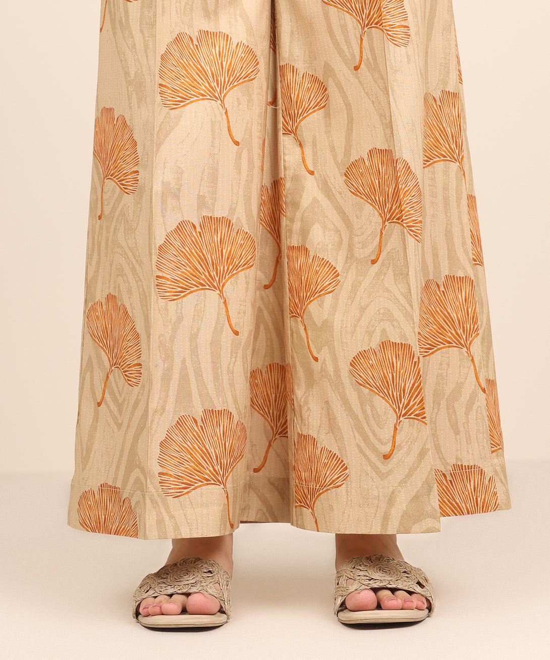 Women's RTW Cambric Beige Printed Flared Pants
