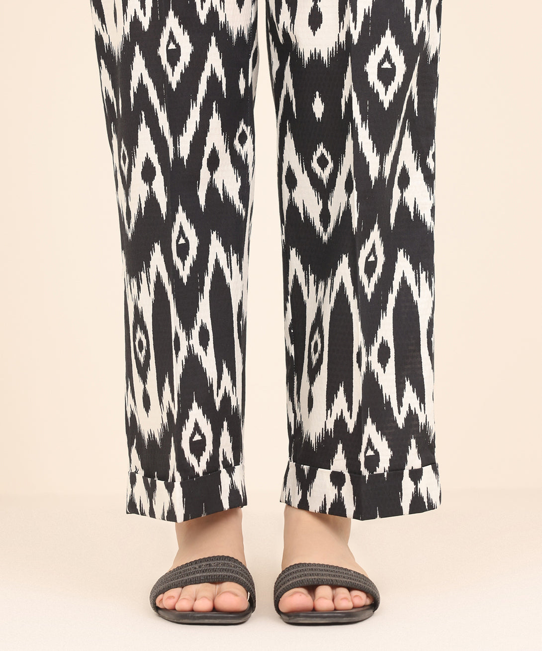 Women's RTW Textured Cotton Black Printed Straight Pants