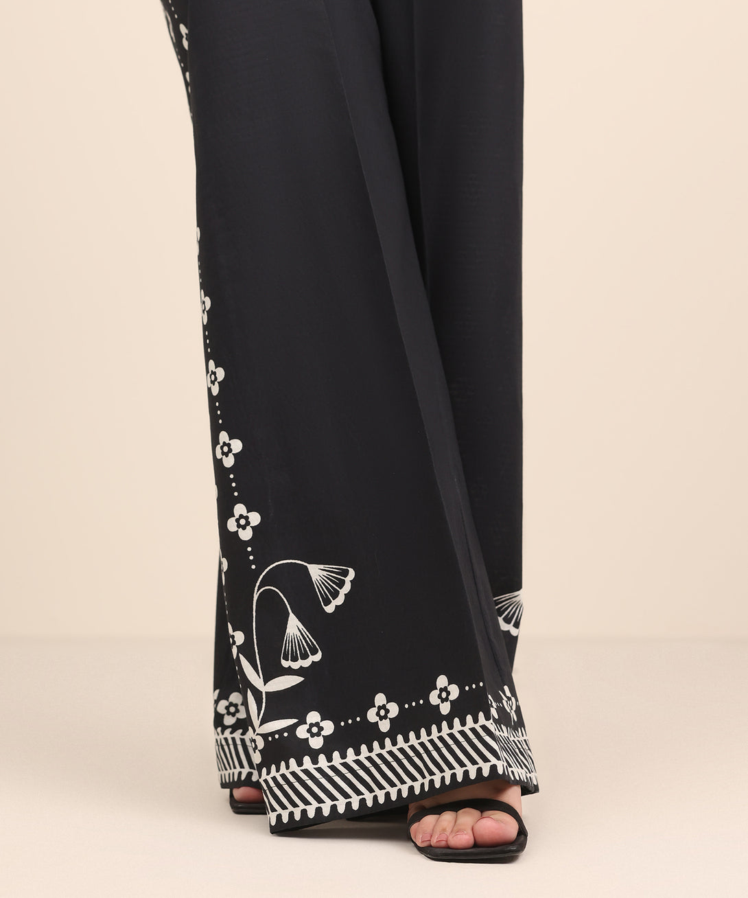 Women's RTW Textured Cotton Black Printed Flared Pants