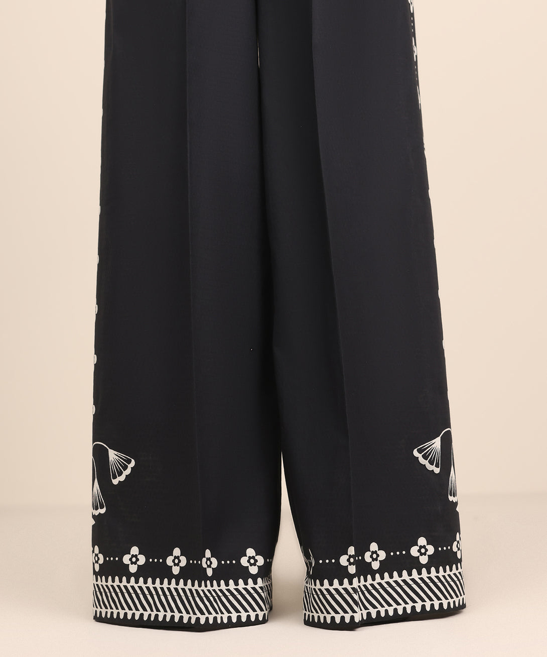 Women's RTW Textured Cotton Black Printed Flared Pants