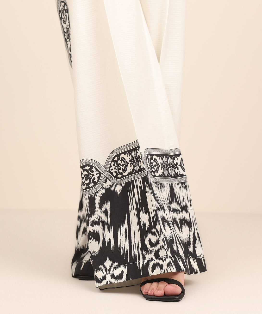 Women's RTW Textured Cotton White Printed Flared Pants