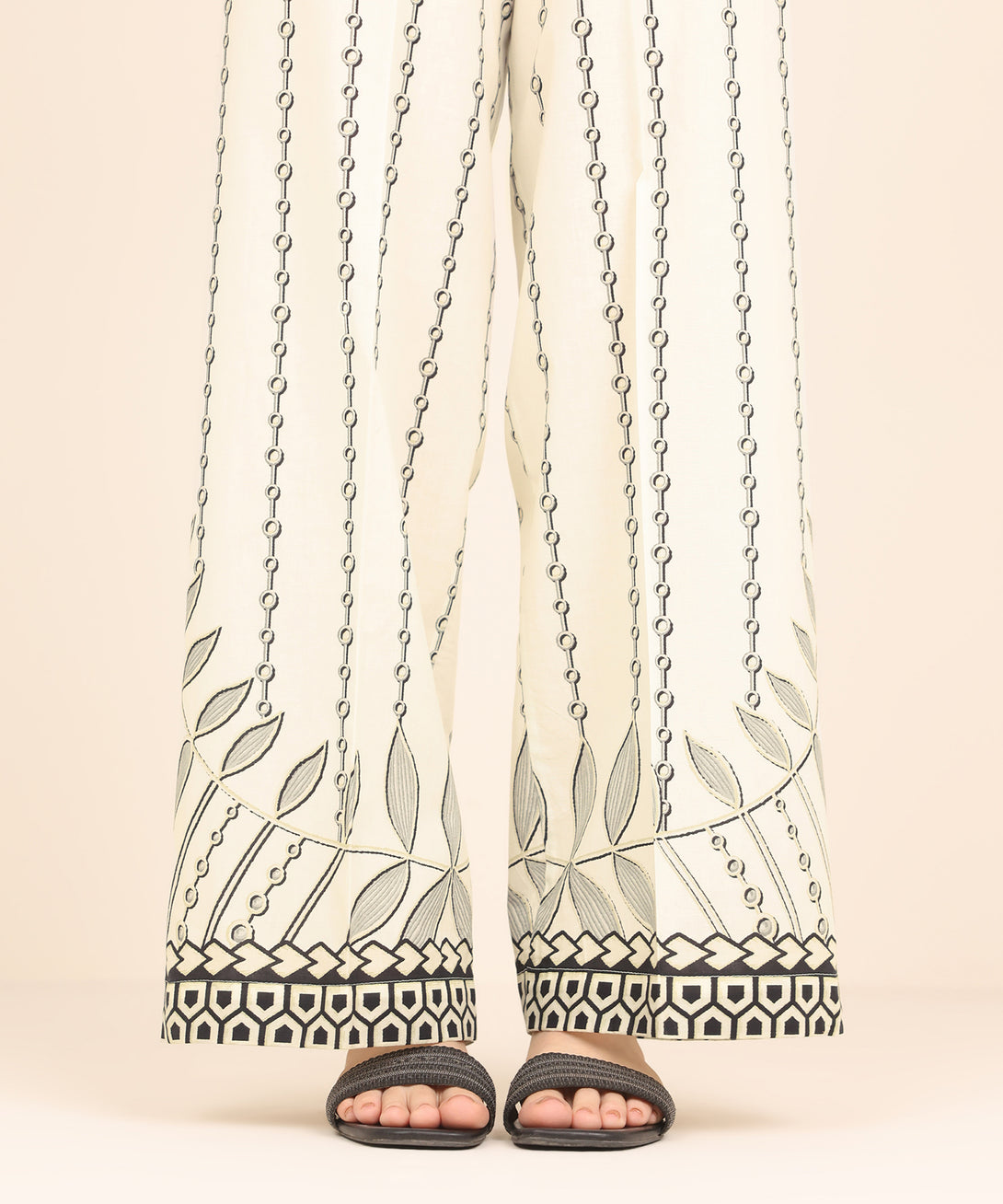 Women's RTW Cambric White Printed Flared Pants