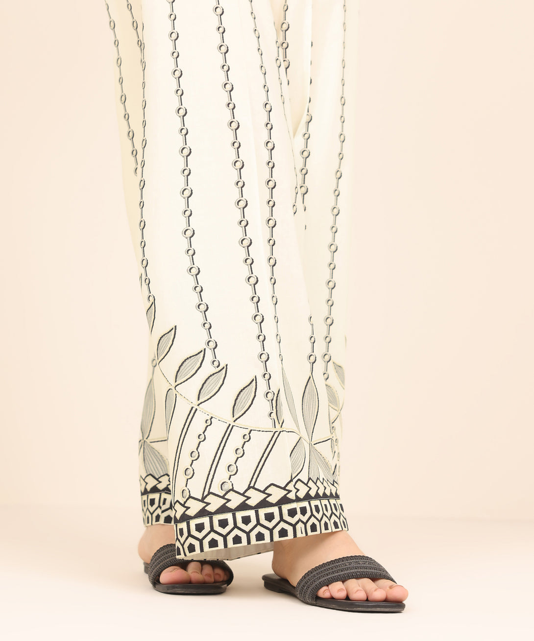 Women's RTW Cambric White Printed Flared Pants