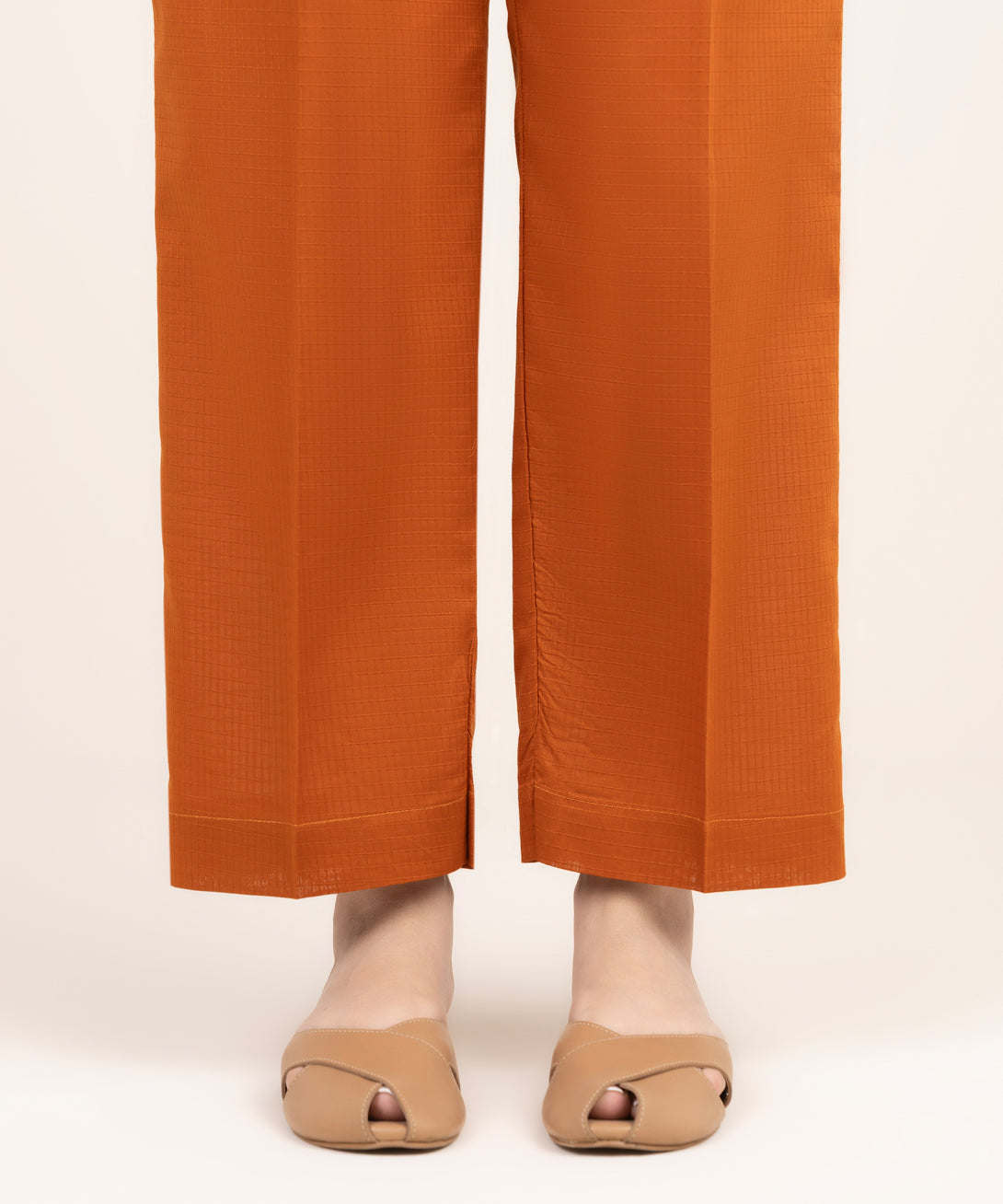 Women's RTW Handwoven Dobby Solid Orange Straight Pants