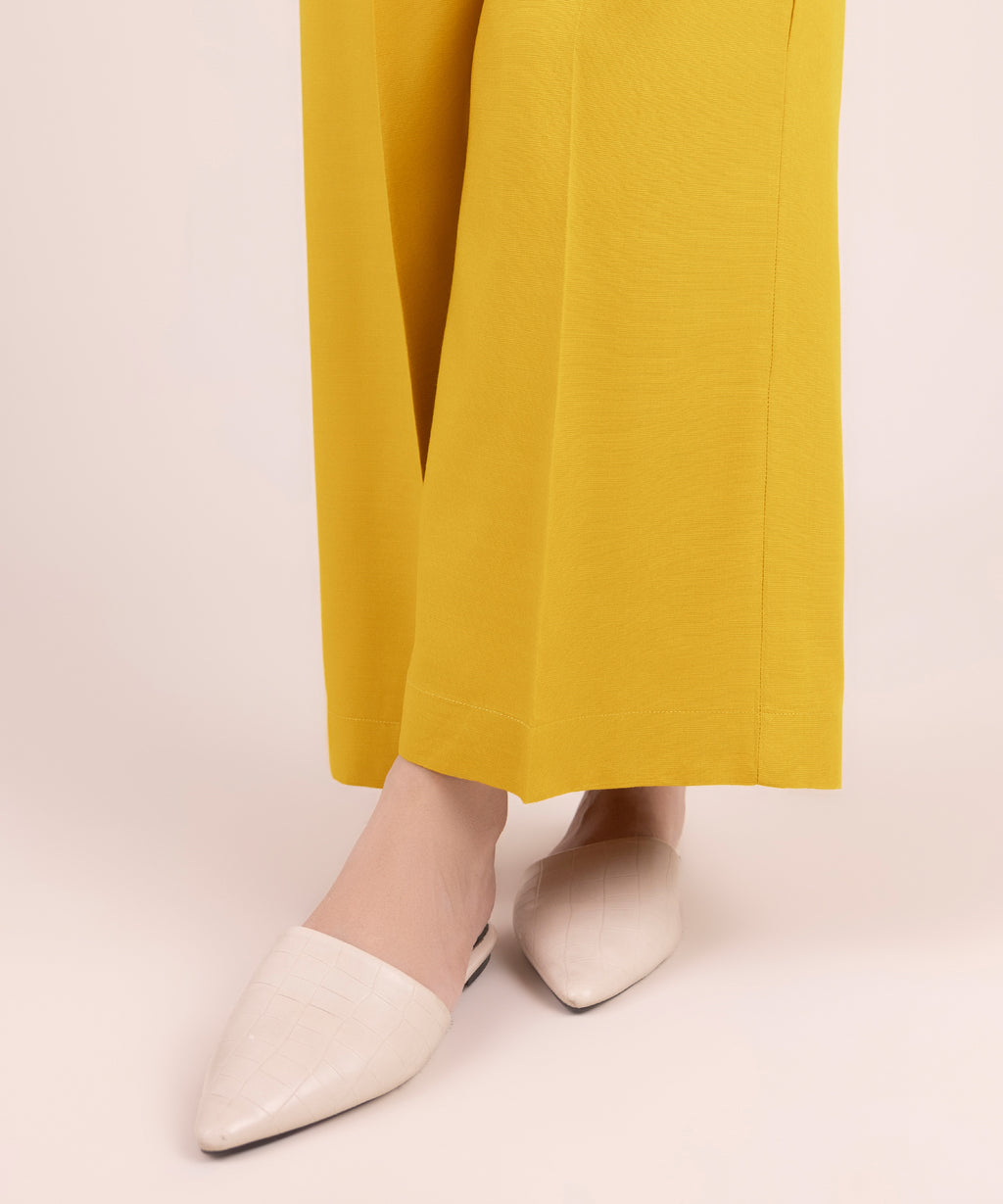 Women's RTW Textured Viscose Solid Yellow Culottes