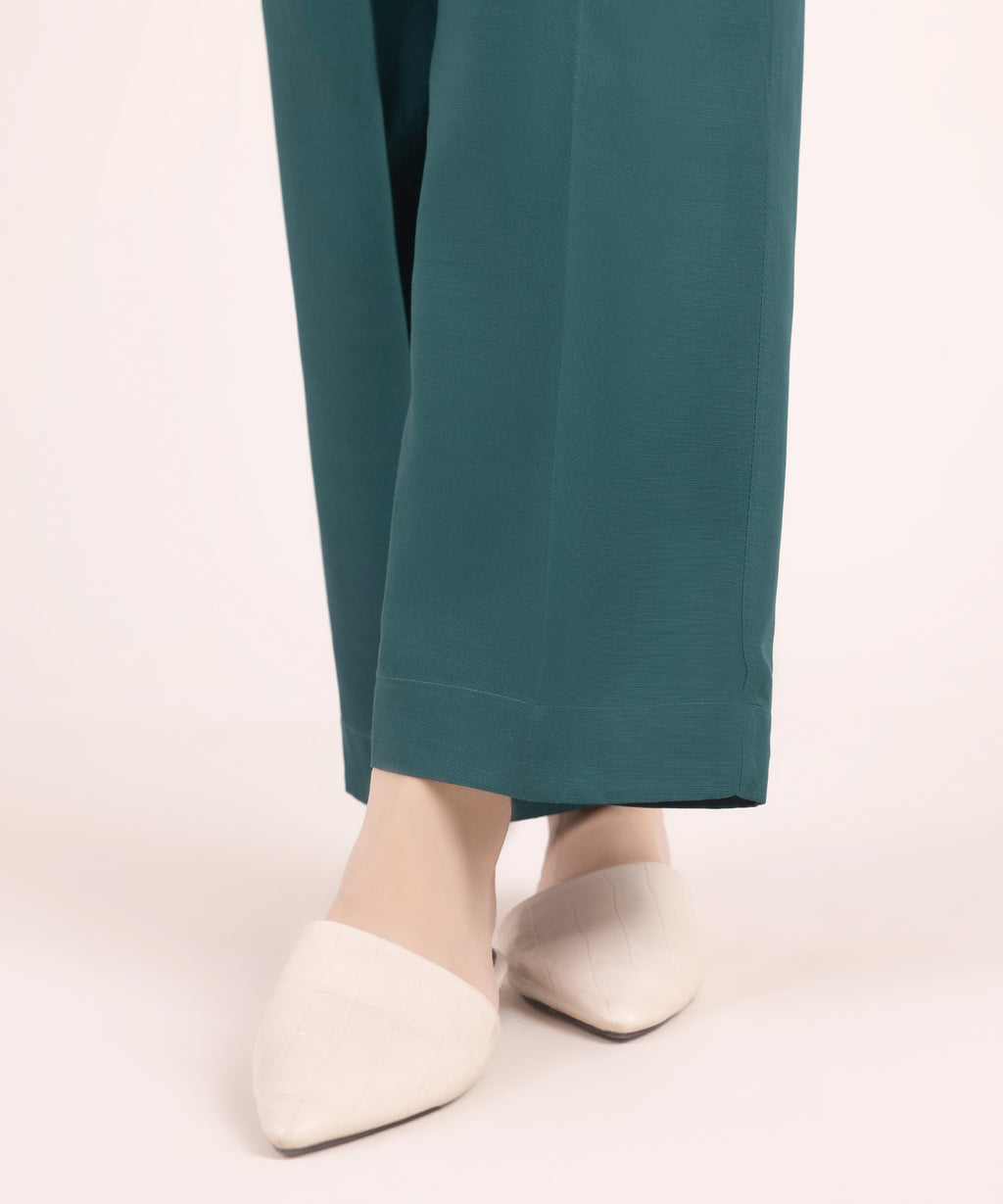 Women's RTW Textured Viscose Solid Green Straight Pants
