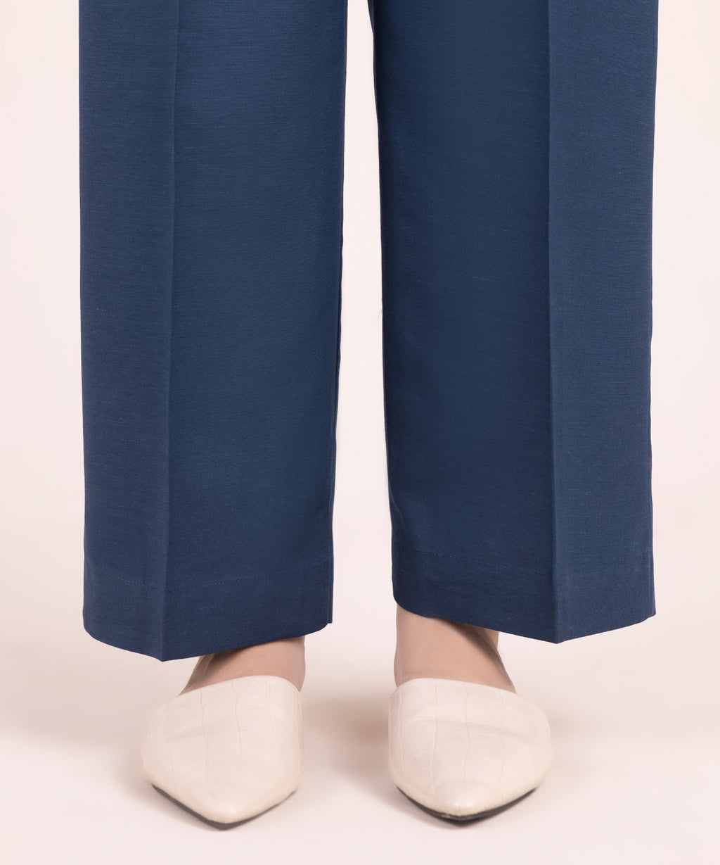 Women's RTW Textured Viscose Solid Blue Straight Pants