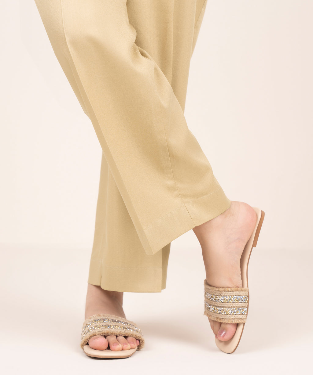 Women's RTW Dobby Beige Solid Straight Pants