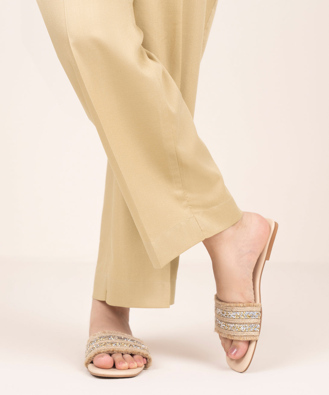 Women's RTW Dobby Beige Solid Straight Pants