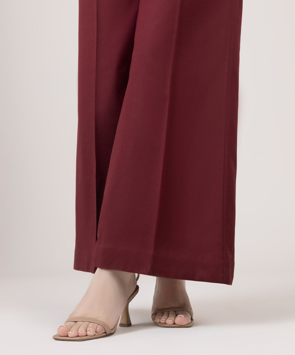 Women's RTW Cotton Linen Red Solid Flared Pants
