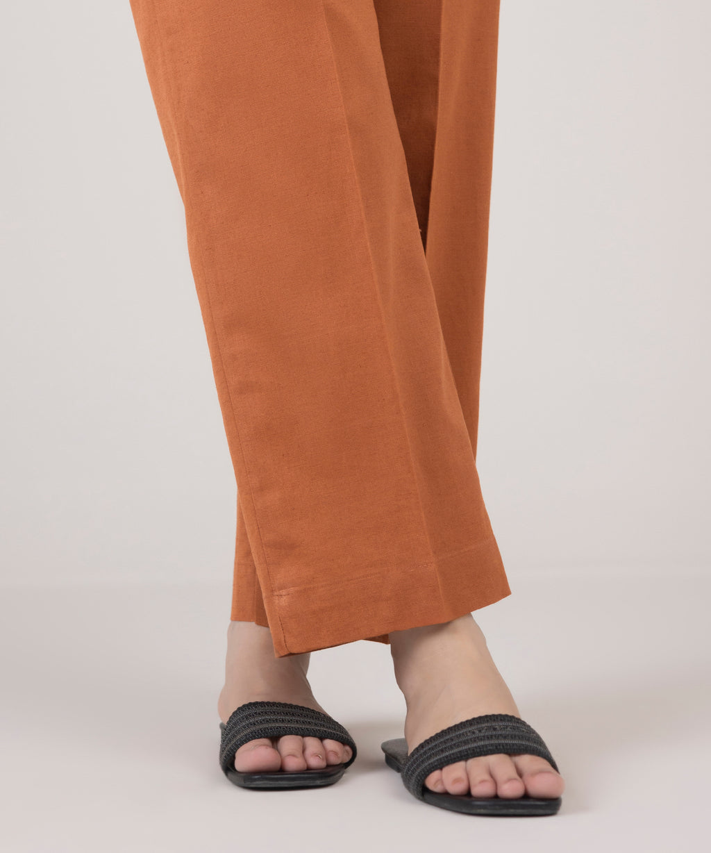 Women's RTW Cotton Linen Orange Solid Straight Pants