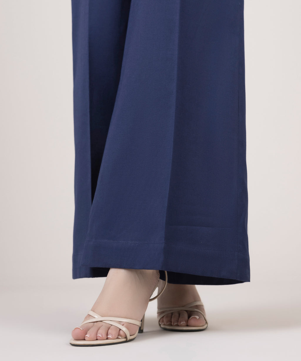 Women's RTW Cotton Linen Blue Solid Flared Pants