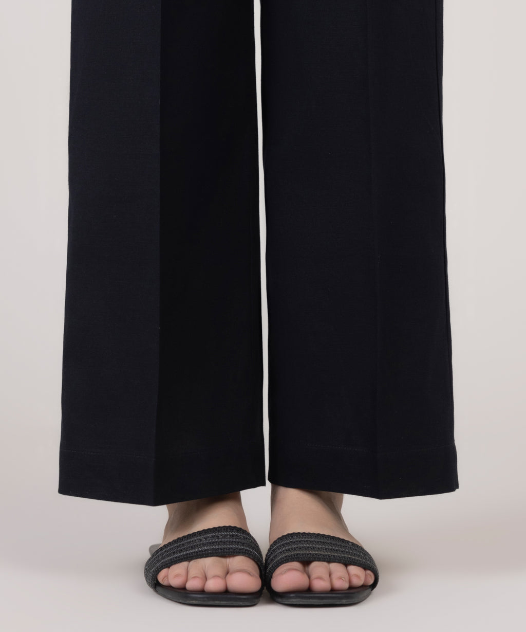 Women's RTW Cotton Linen Black Solid Culottes