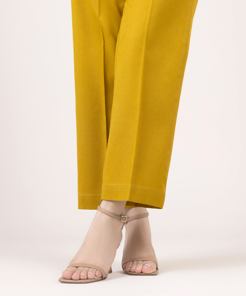 Women's RTW Cotton Linen Yellow Solid Straight Pants