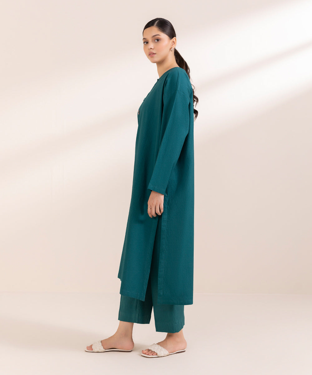 Women's Pret Seersucker Solid Green Boxy Shirt