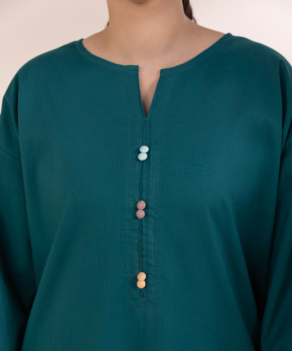 Women's Pret Seersucker Solid Green Boxy Shirt