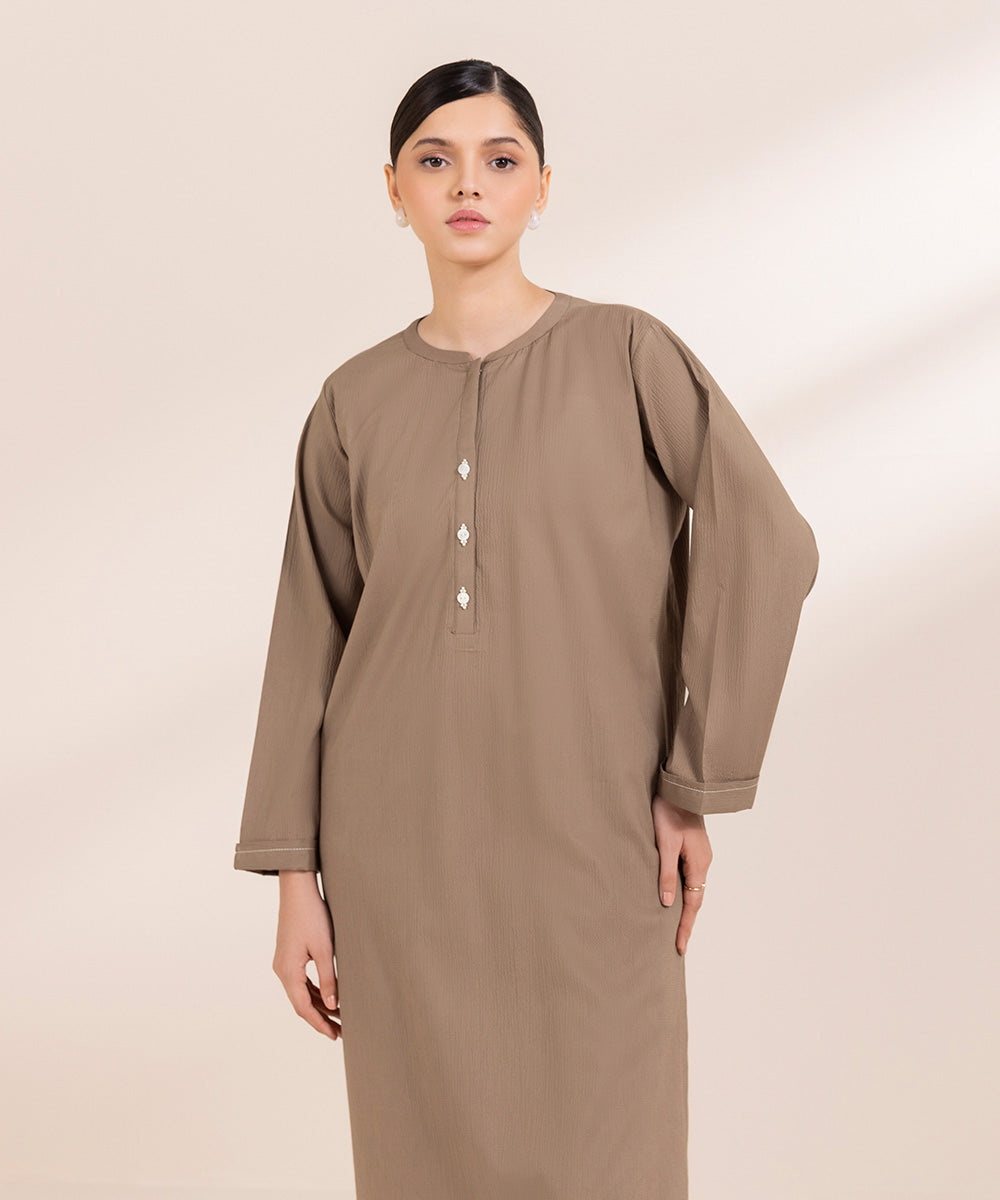 Women's Pret Seersucker Solid Brown A-Line Shirt