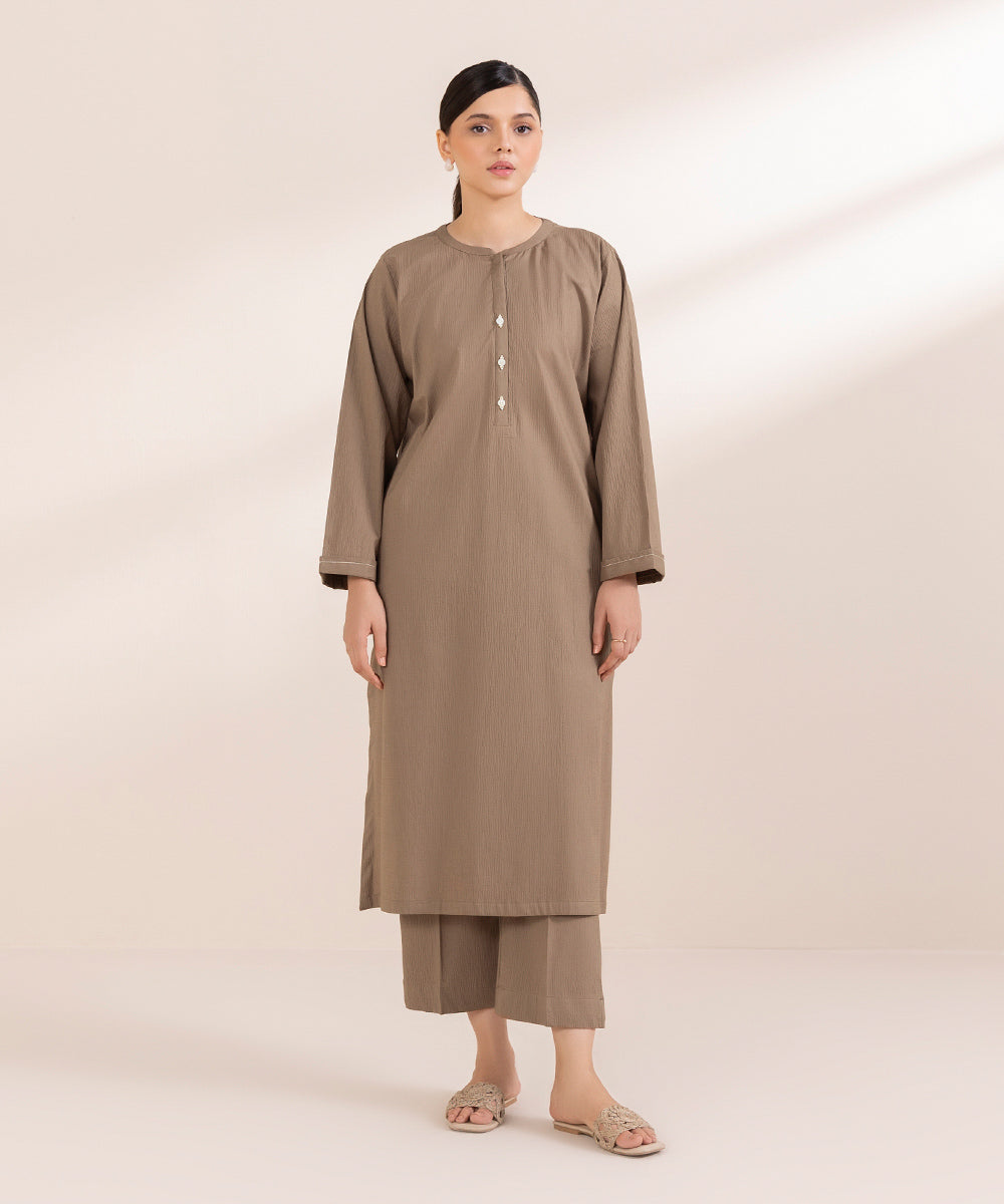 Women's Pret Seersucker Solid Brown A-Line Shirt