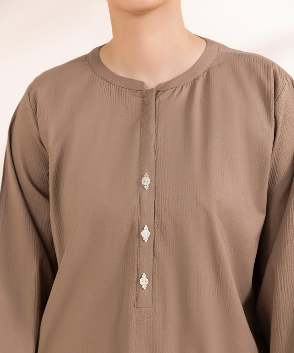 Women's Pret Seersucker Solid Brown A-Line Shirt