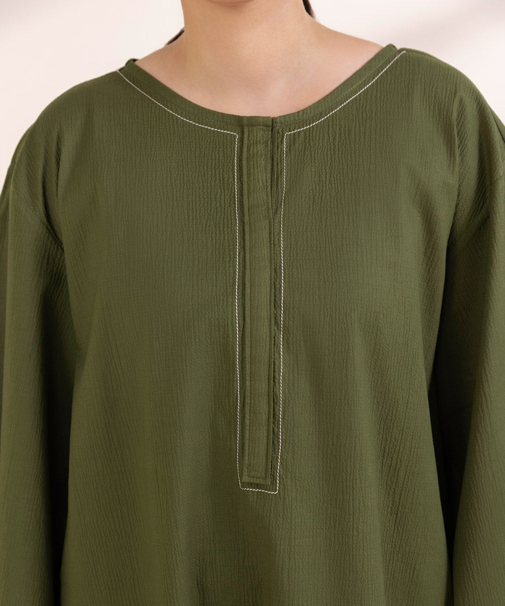 Women's Pret Seersucker Solid Green Straight Shirt