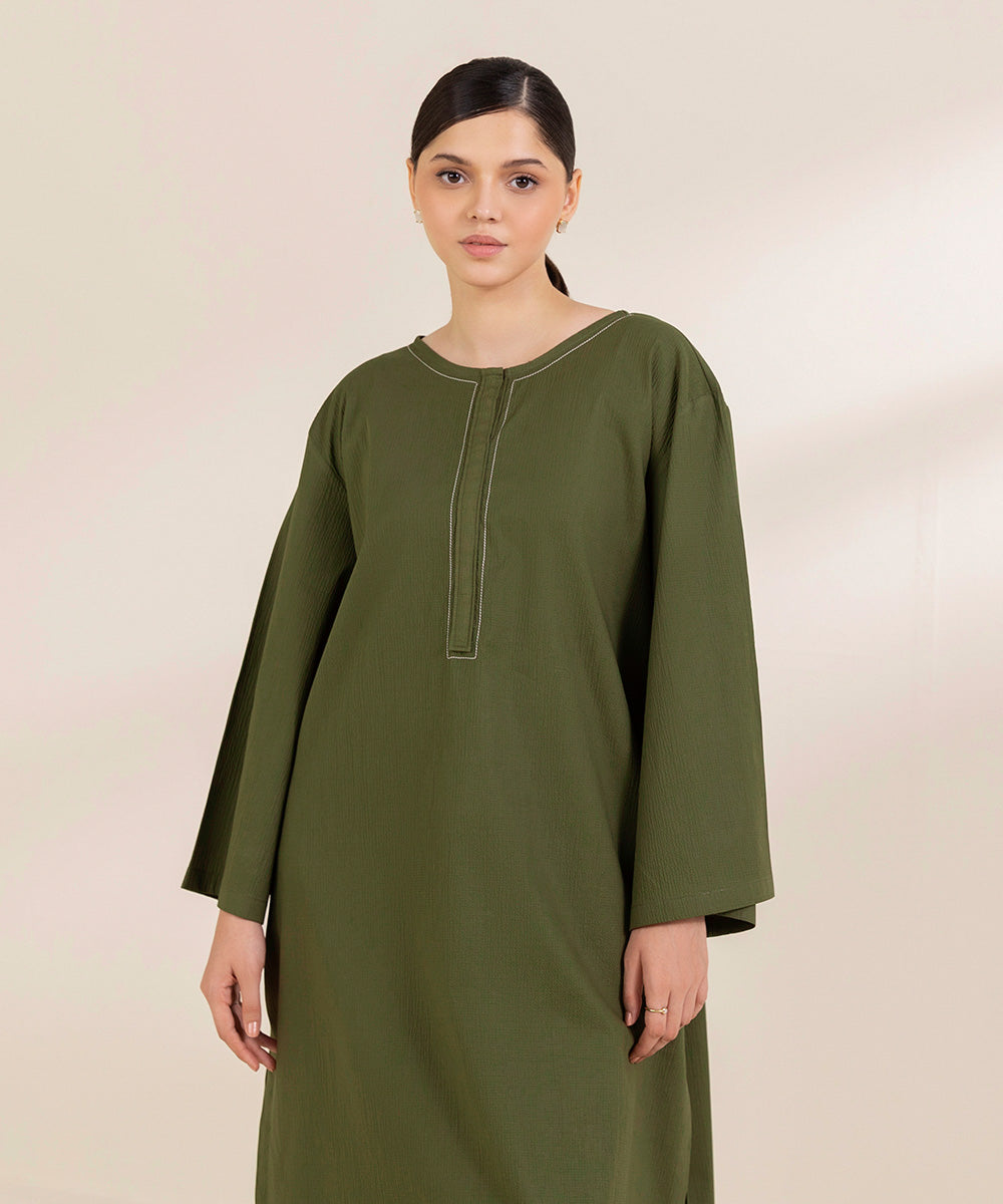 Women's Pret Seersucker Solid Green Straight Shirt