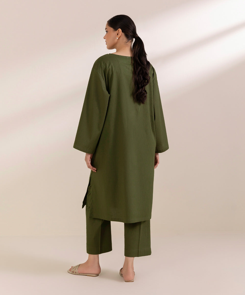 Women's Pret Seersucker Solid Green Straight Shirt