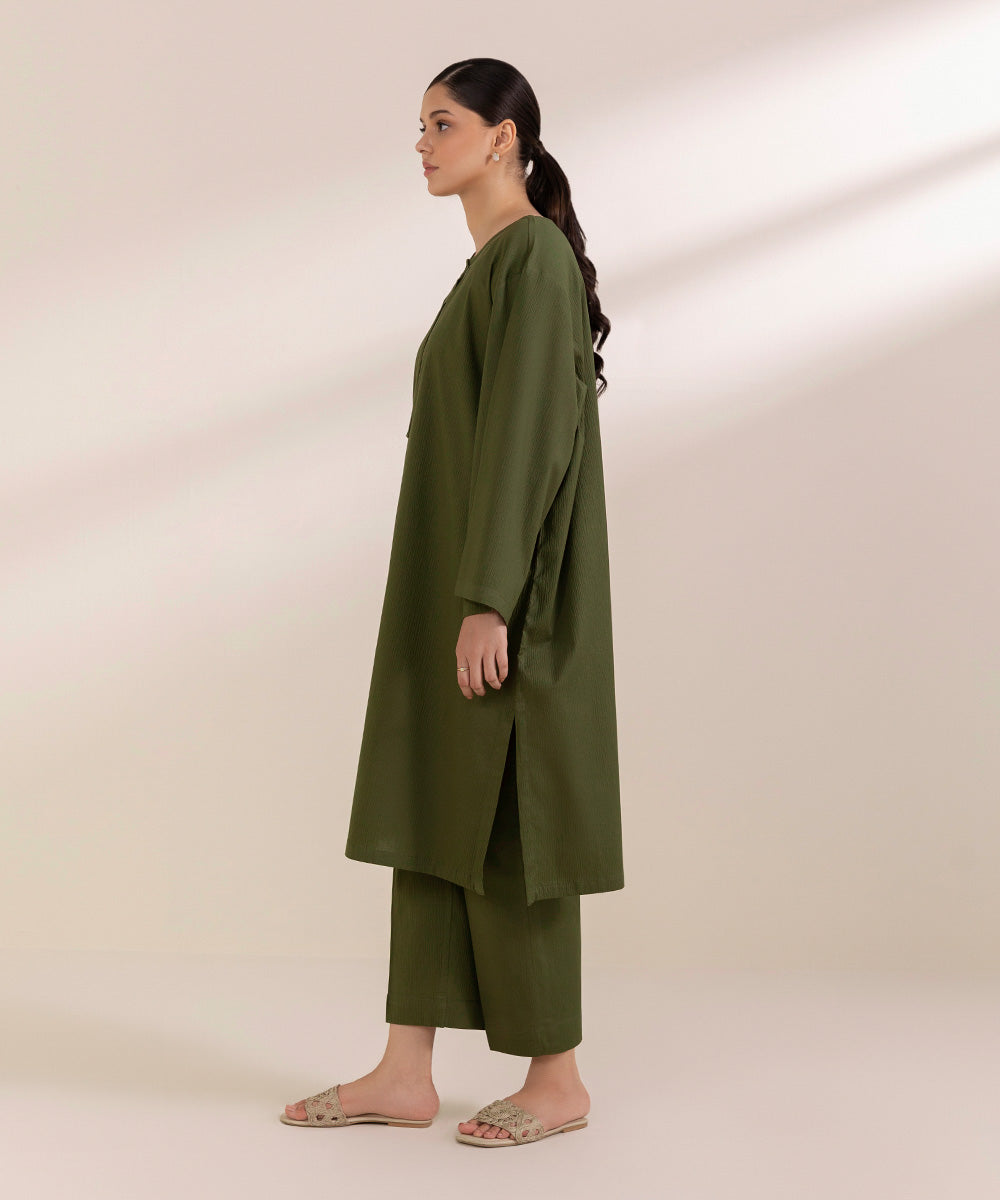 Women's Pret Seersucker Solid Green Straight Shirt