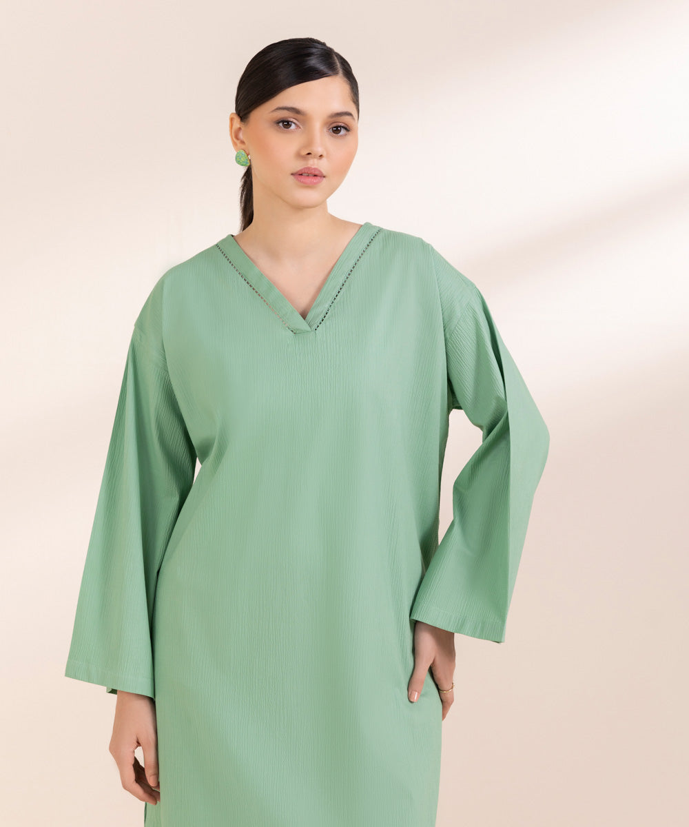 Women's Pret Seersucker Solid Green A-Line Shirt