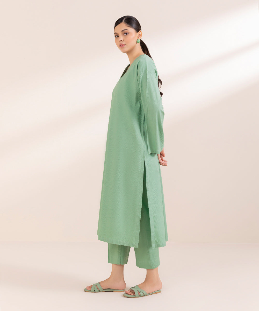 Women's Pret Seersucker Solid Green A-Line Shirt