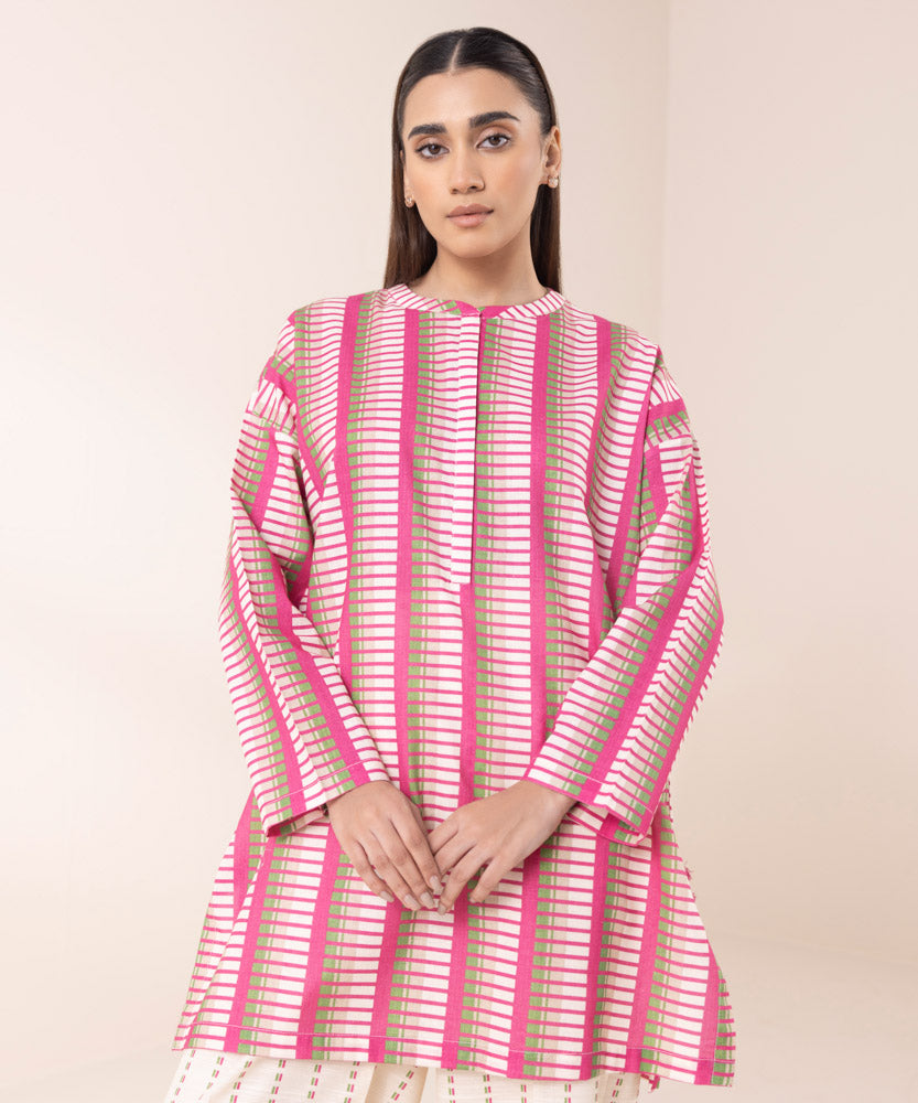 Women's Pret Printed Pink And Cream Khaddar Boxy Shirt