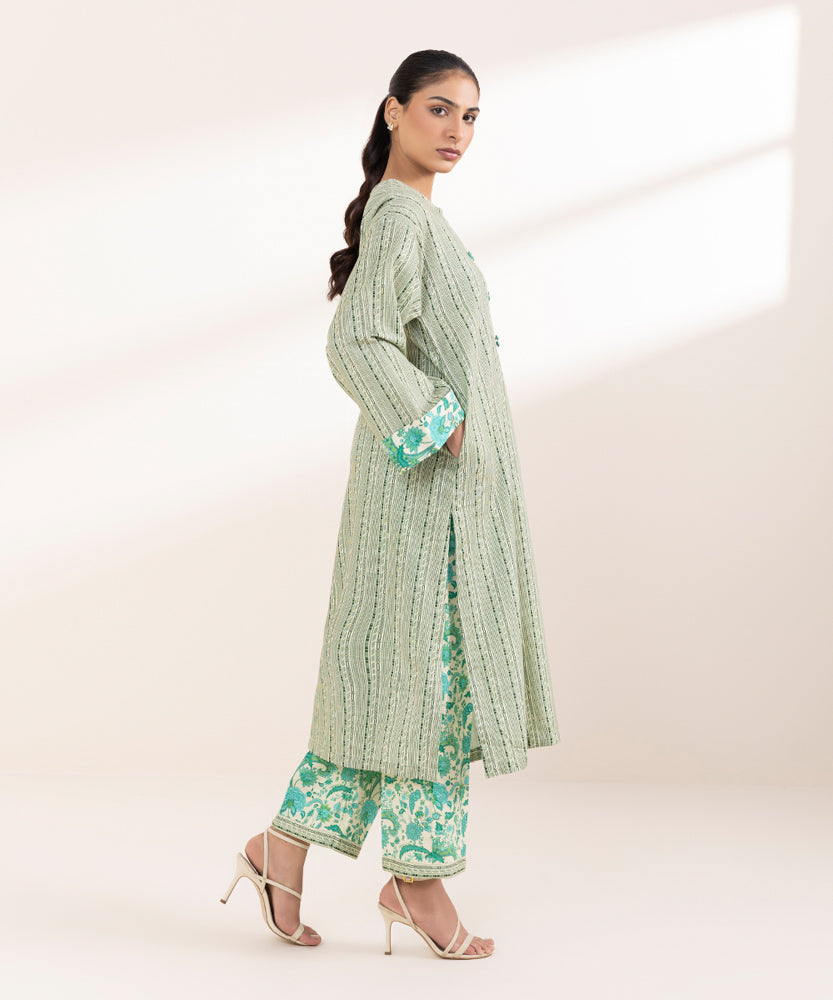 Women's Pret Printed Green On White Khaddar A Line Shirt