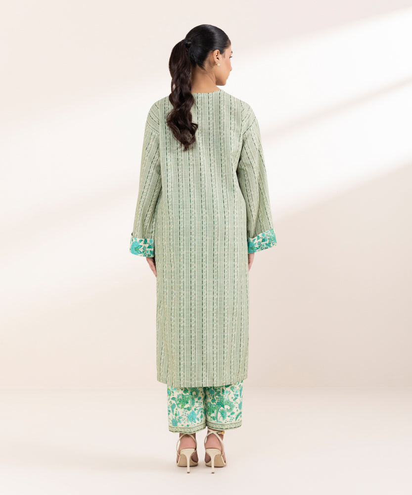 Women's Pret Printed Green On White Khaddar A Line Shirt