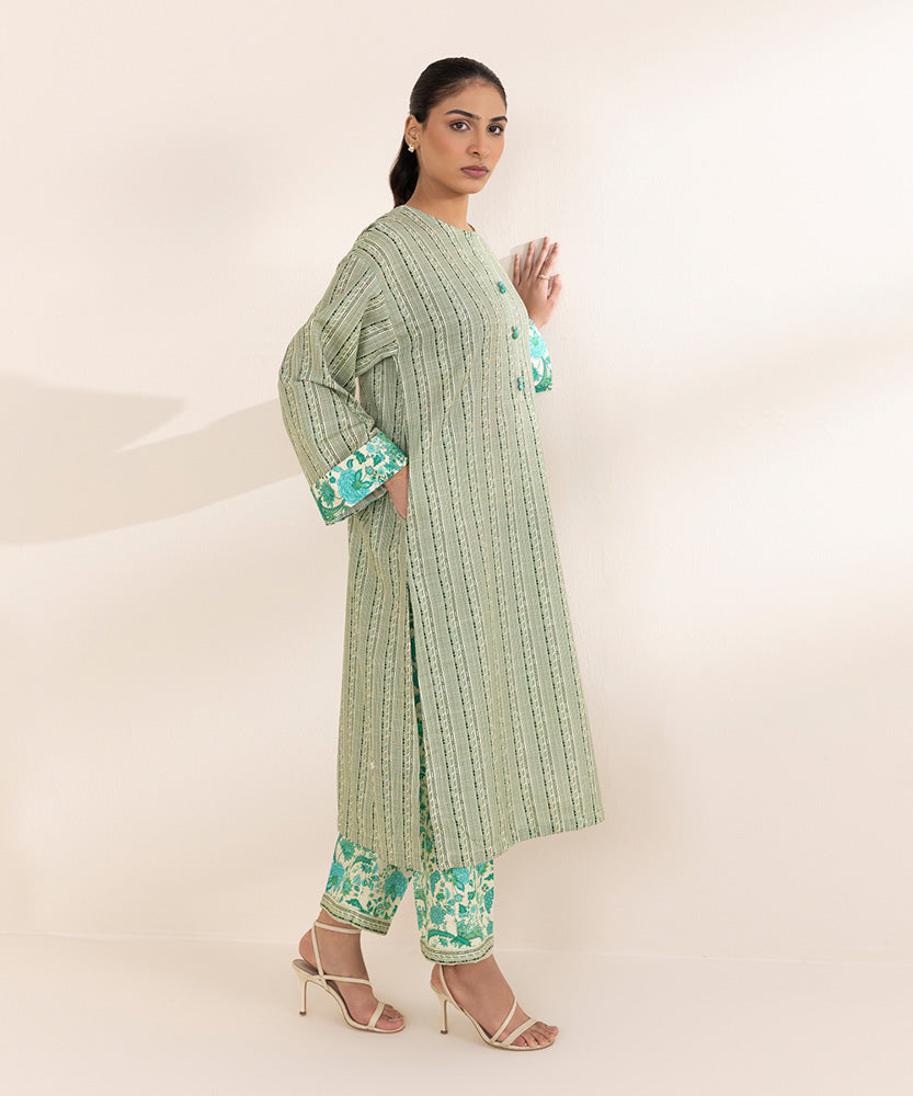 Women's Pret Printed Green On White Khaddar A Line Shirt