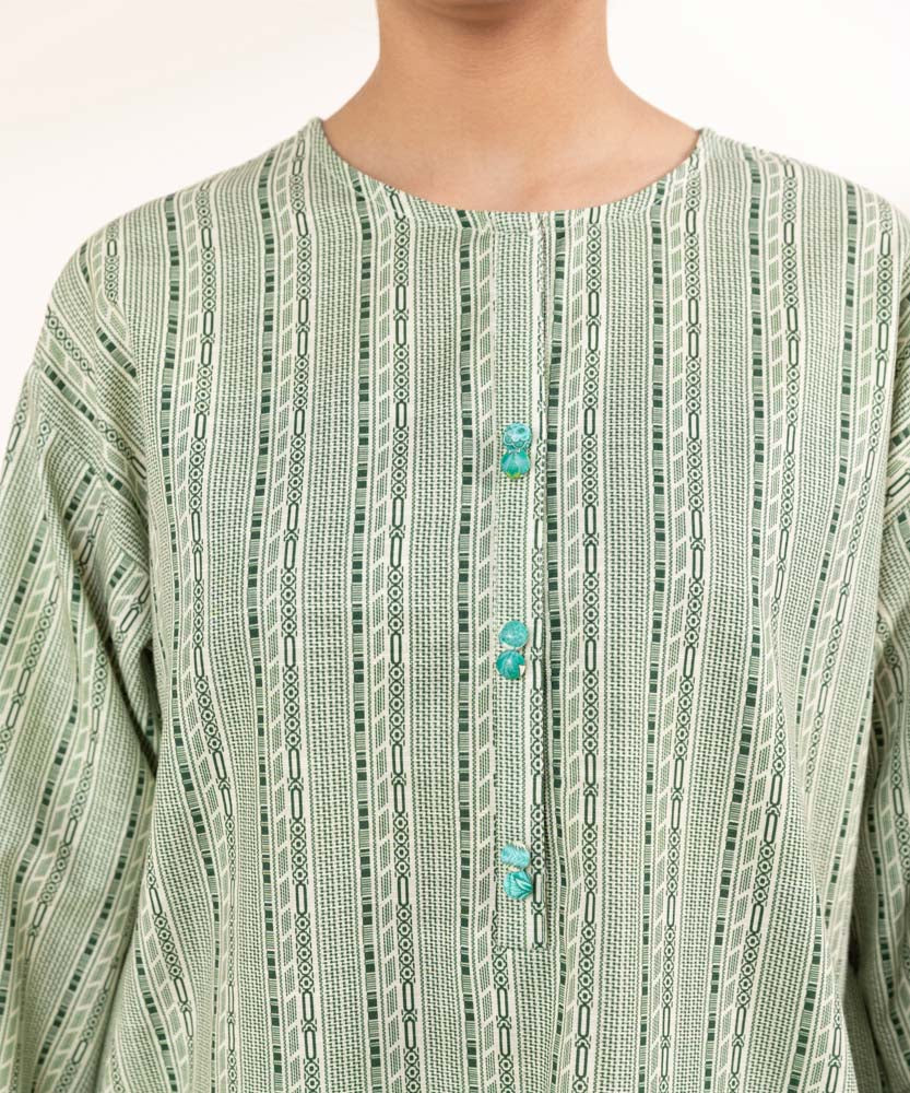 Women's Pret Printed Green On White Khaddar A Line Shirt